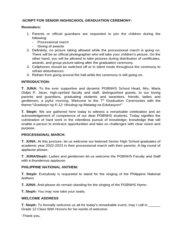 Senior High School Graduation Script | PDF