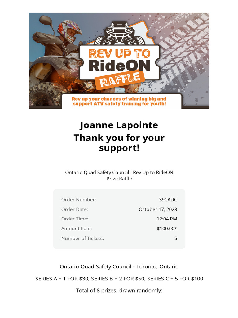 Ontario Quad Safety Council Rev Up To RideON Prize Raffle TICKETS 2023 ...