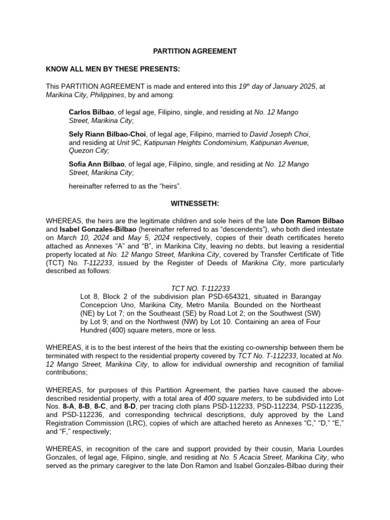 Partition Agreement for Heirs in Marikina | PDF | Civil Law (Common Law ...