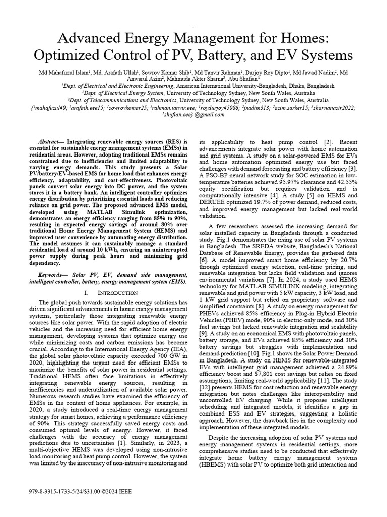 2024, Advanced Energy Management For Homes Optimized Control of PV ...