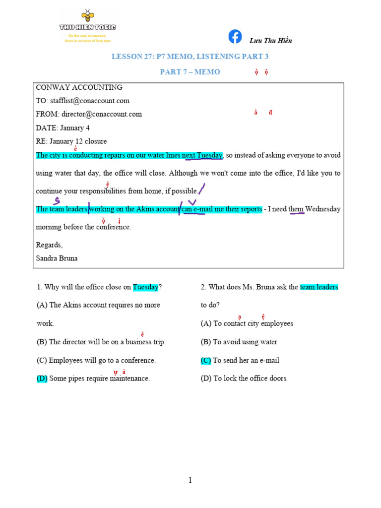 Lesson 27 - p7 Memo, Cách Làm Listening p3 | PDF