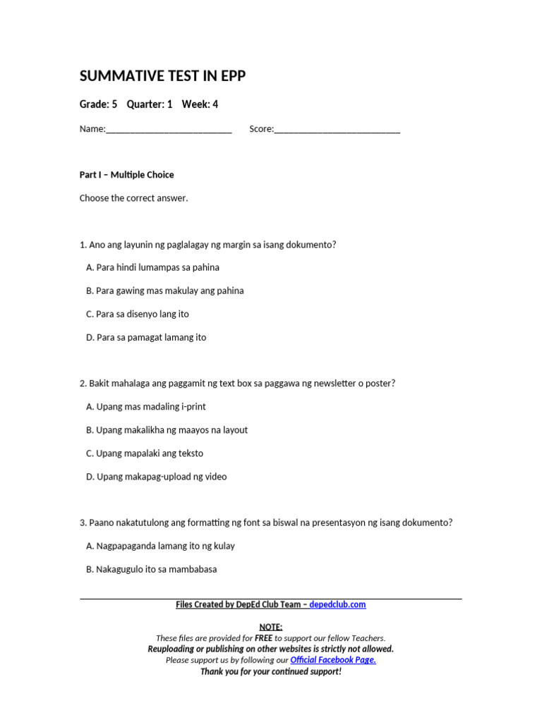 Summ - Test Epp 5 q1 w4 | PDF