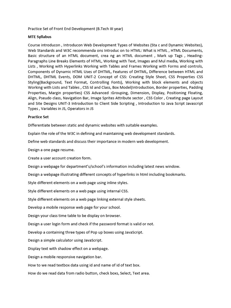 Front End Development Practice Set | PDF | Html Element | Html