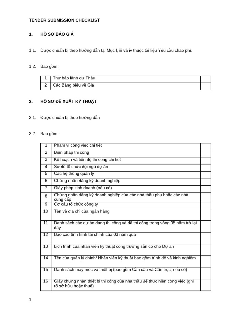 Tender Submission Checklist - HỒ SƠ KĨ THUẬT | PDF
