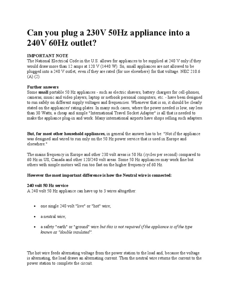 Can You Plug A 230V 50Hz Appliance Into A 240V 60Hz Outlet PDF