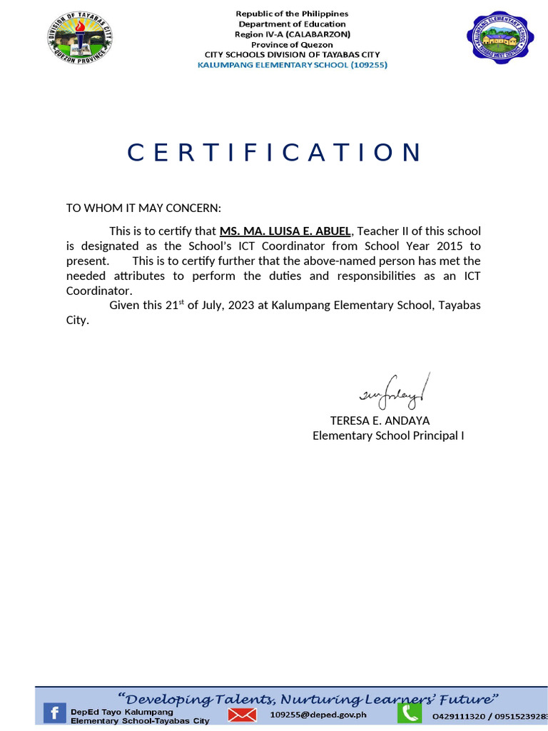 ICT Coordinator Certification for Ms. Abuel | PDF