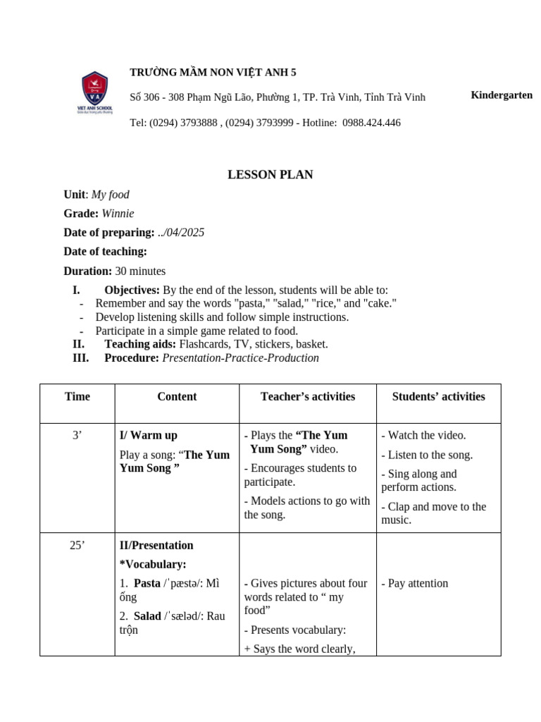 Kindergarten Food Lesson Plan | PDF | Learning | Human Communication