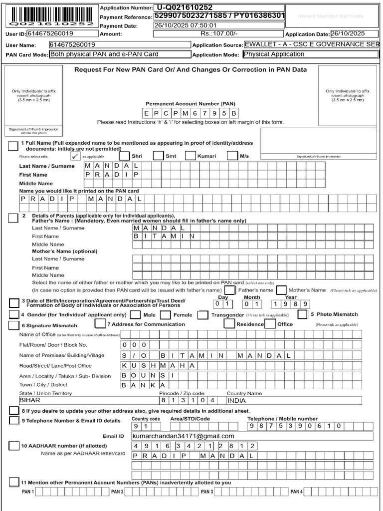 PAN Card Application Details Summary | PDF