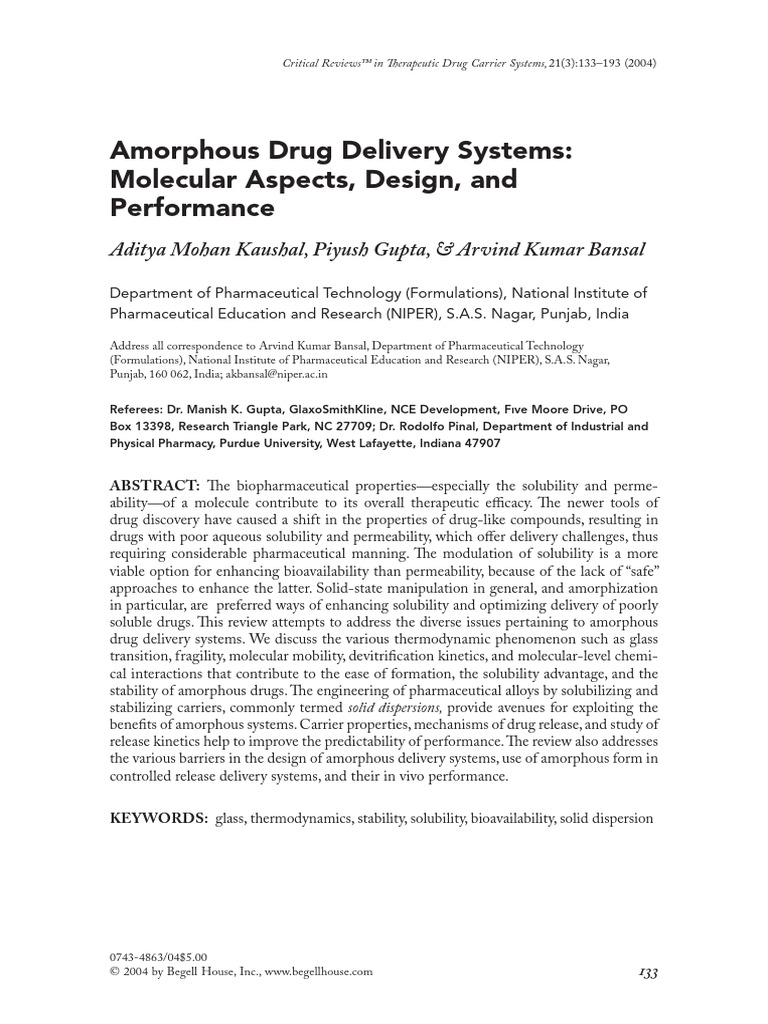 Amorphous Drug Delivery Systems Explained | PDF | Melting | Solubility