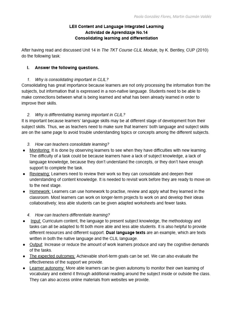 CLIL Learning: Consolidation & Differentiation | PDF | Learning | Teachers