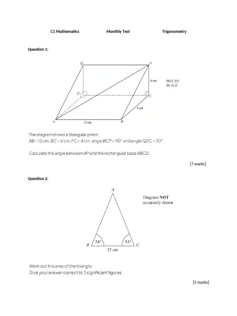 C1 Trigonometry Monthly Test | PDF