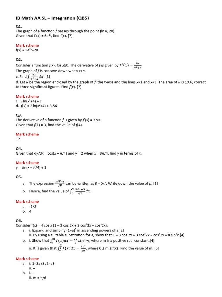 IB Math SL Integration Practice Questions | PDF | Mathematical ...