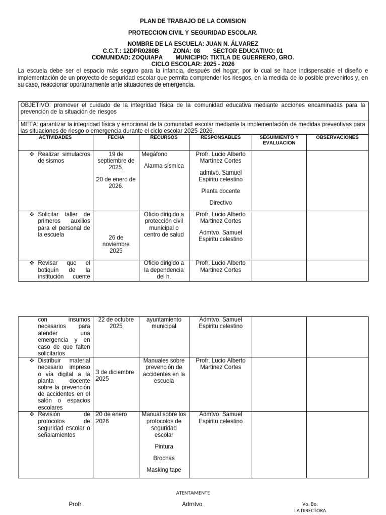 Plan de Seguridad Escolar 2025-2026 | PDF | Defensa Civil