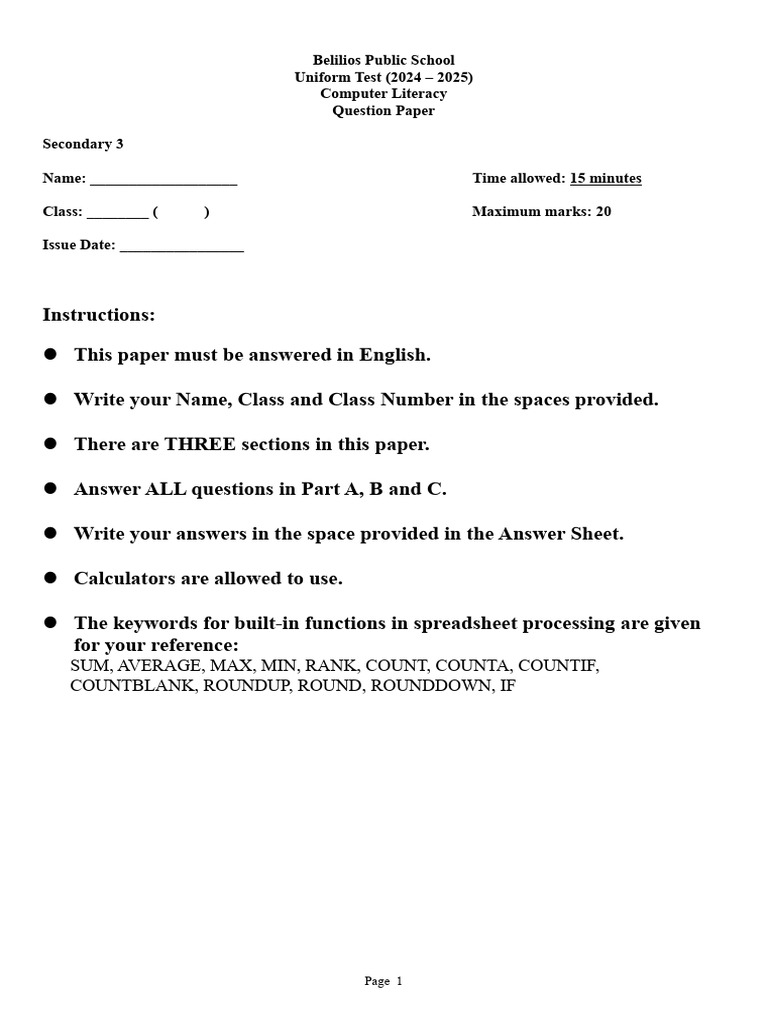 2024-2025 Computer Literacy Test Paper | PDF | Spreadsheet | Computing