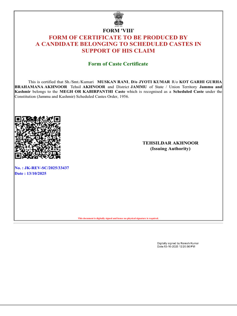 Scheduled Caste Certificate Form VIII | PDF