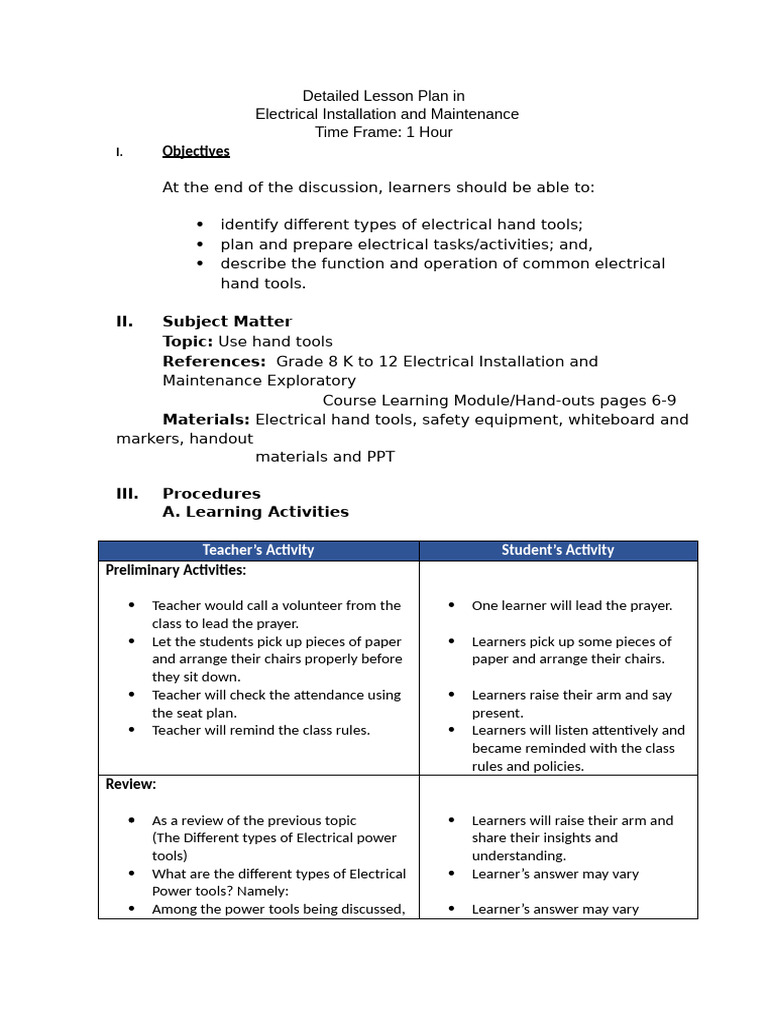 Electrical Hand Tools Lesson Plan | PDF | Tools | Manufactured Goods
