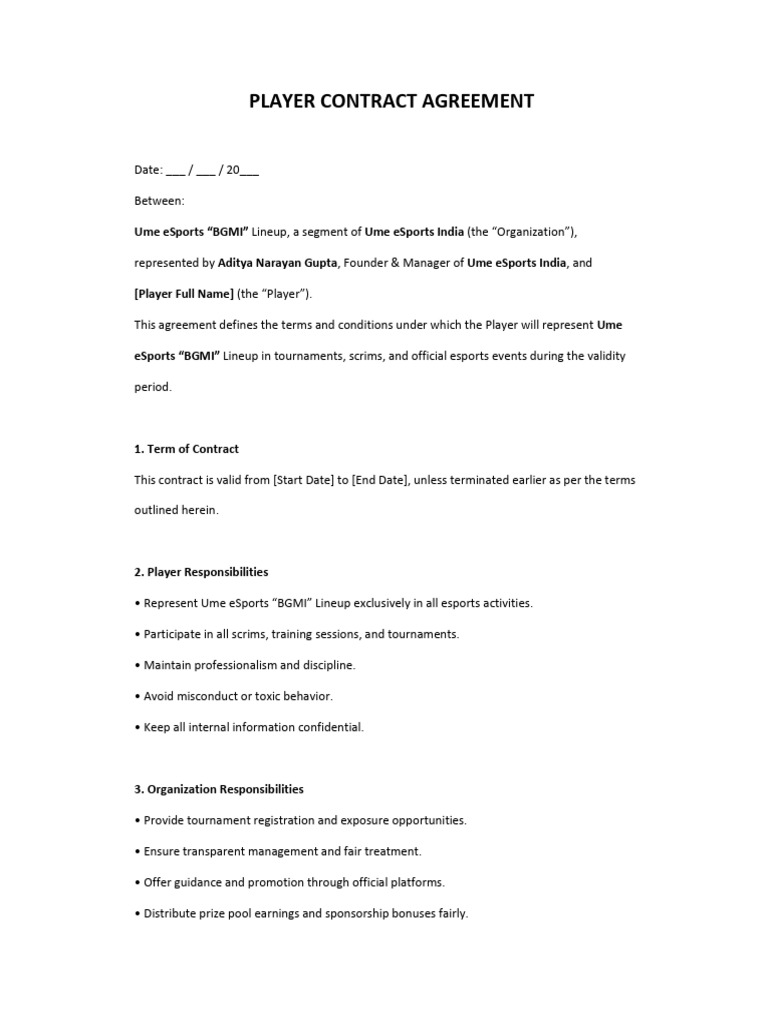 Ume eSports Player Contract Agreement | PDF | Breach Of Contract | Salary