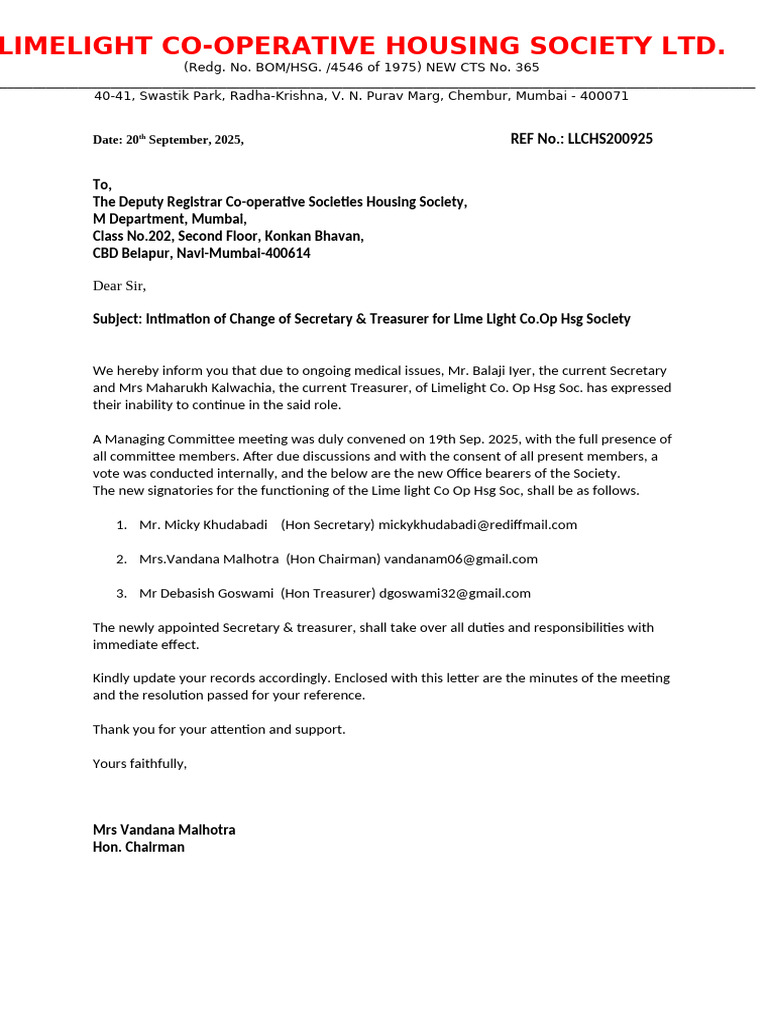Change of Secretary & Treasurer Notice | PDF