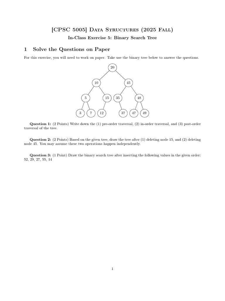 Binary Search Tree Exercise for CPSC 5005 | PDF