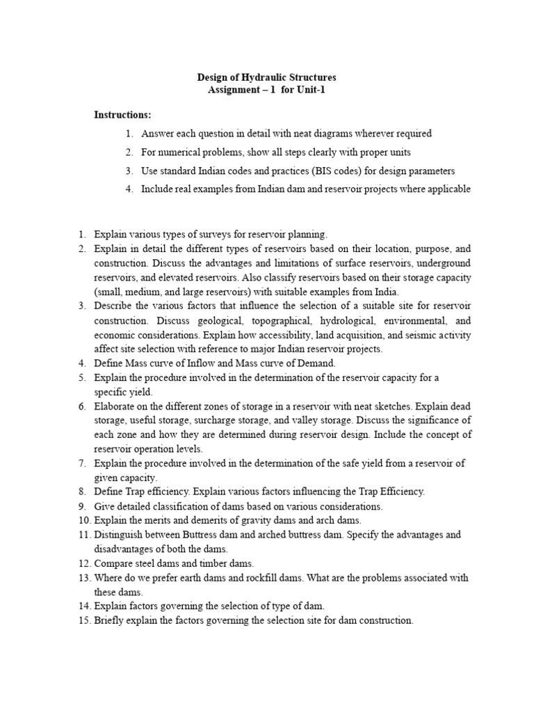 Hydraulic Structures Design Assignment | PDF | Dam | Reservoir