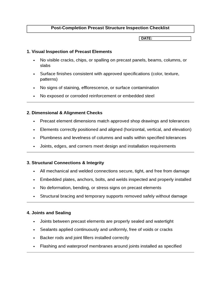 Precast Structure Inspection Checklist | PDF | Precast Concrete ...