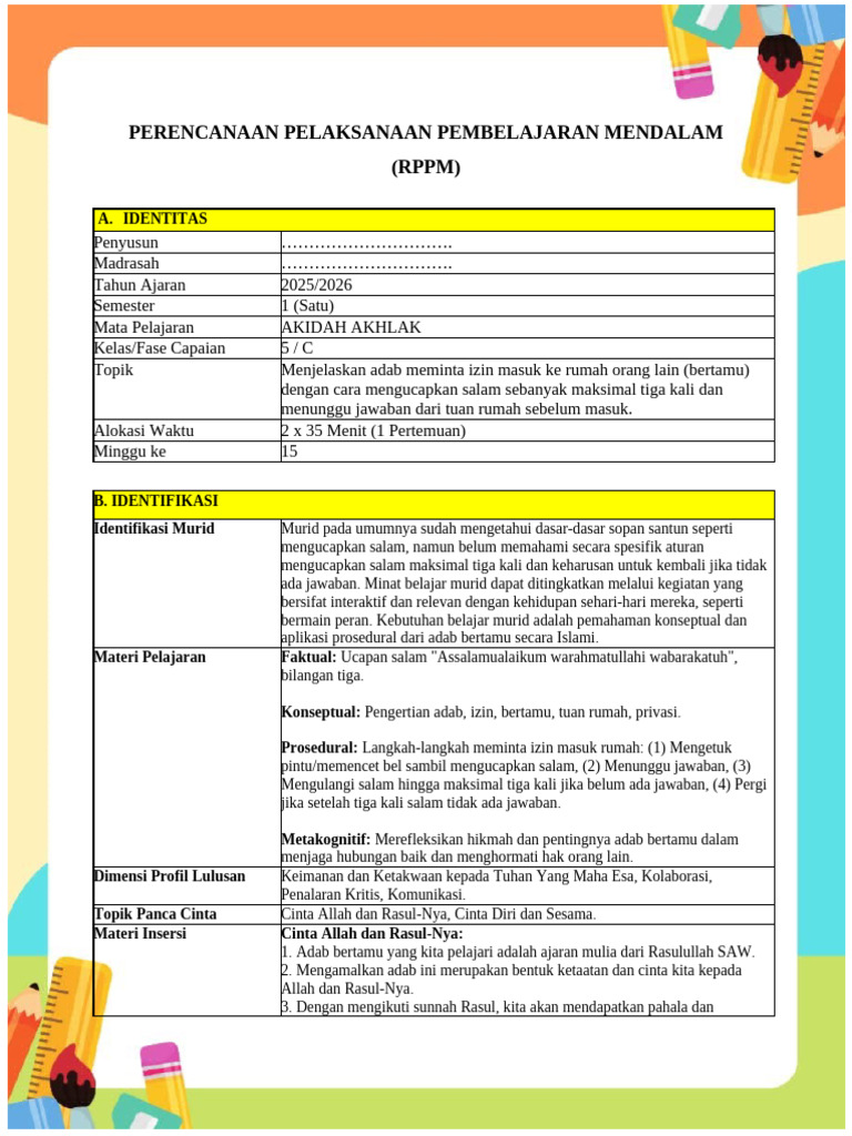 RPPM Adab Bertamu Kelas 5 Akidah Akhlak | PDF