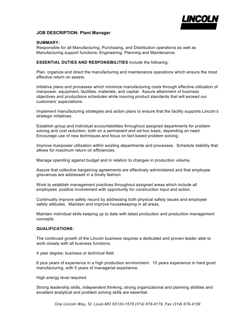 Plant Manager Job Description Overview | PDF | Career & Growth | Business