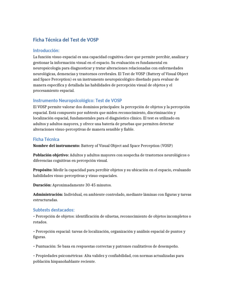 Test VOSP: Evaluación Visuo-Espacial | PDF