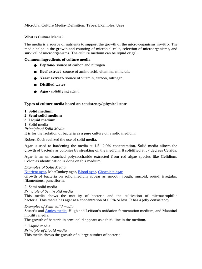 Microbial Culture Media: Types & Examples | PDF | Growth Medium ...