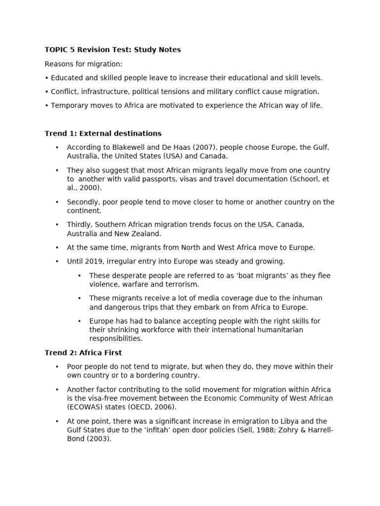 Topic+5+Revision+Test+Notes | PDF | Human Migration | Immigration