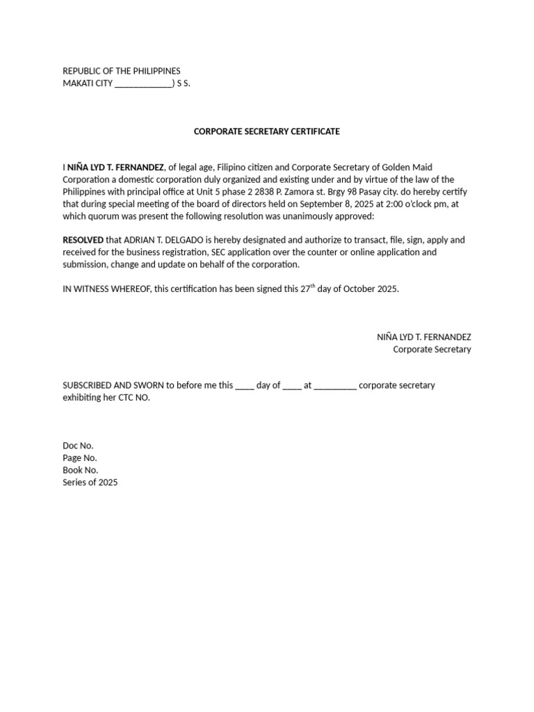 Corporate Secretary Certificate for Golden Maid | PDF
