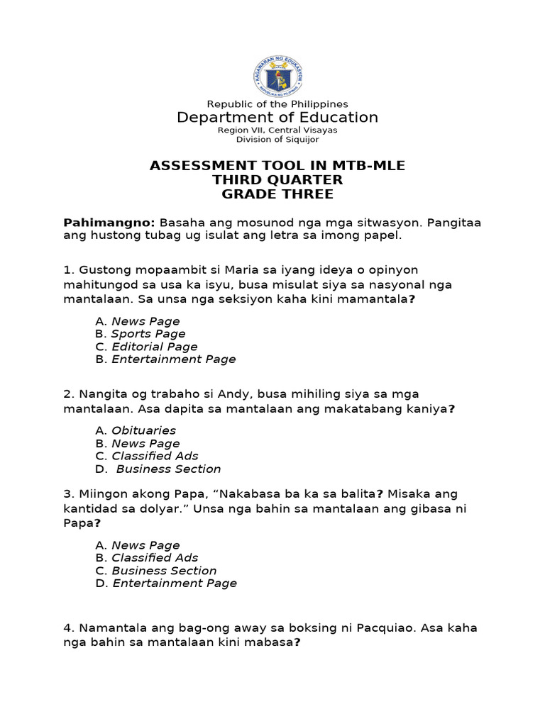 Assessment Tool in MTB 3 - Quarter 3 | PDF