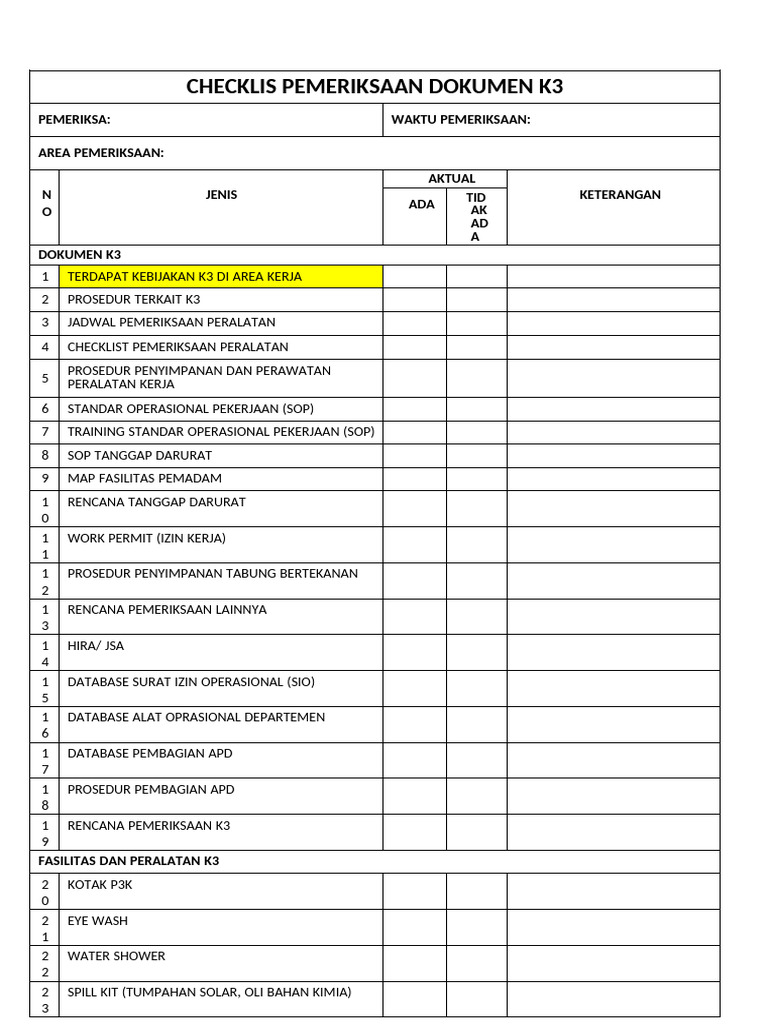 Checklist Dokumen K3 Lengkap dan Terperinci | PDF