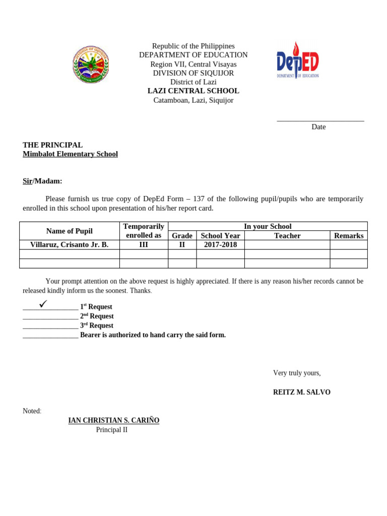 Request for DepEd Form 137 Copy | PDF