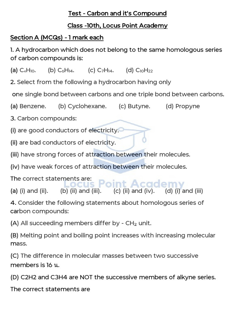 Carbon Compounds Test for 10th Grade | PDF | Hydrocarbons | Chemical ...