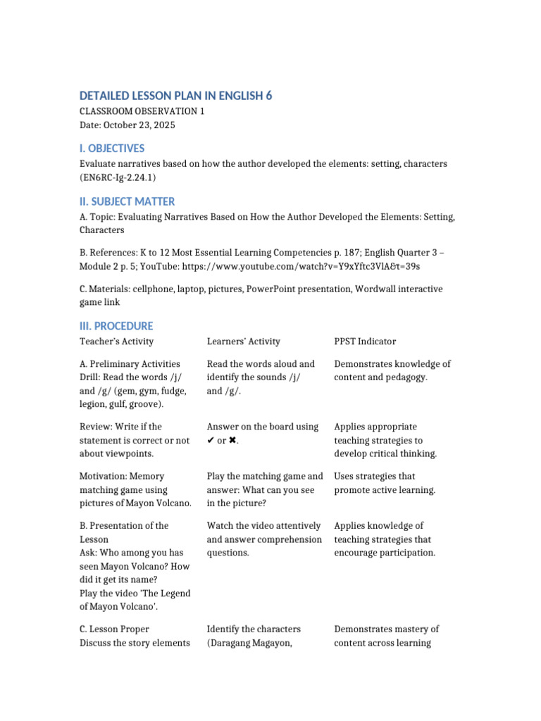 English 6 Lesson Plan: Evaluating Narratives | PDF | Learning | Reading ...