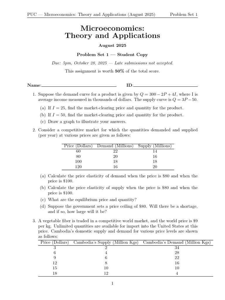 Microeconomics Problem Set 1 (2025) | PDF | Demand | Prices
