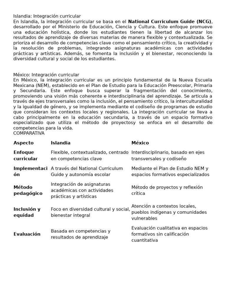 Comparativa de Integración Curricular en Islandia y México | PDF | Plan ...
