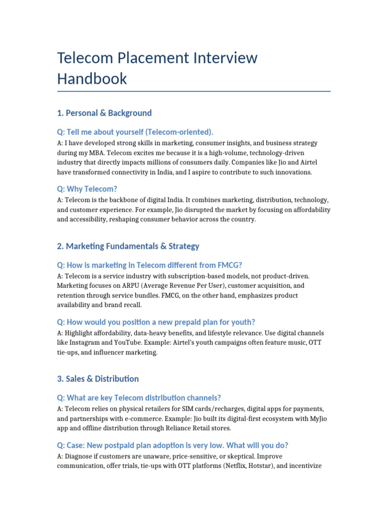 Telecom Placement Interview Handbook | PDF | Marketing | Business Economics