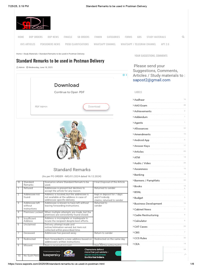 Standard Delivery Remarks for Postmen | PDF | Financial Services ...