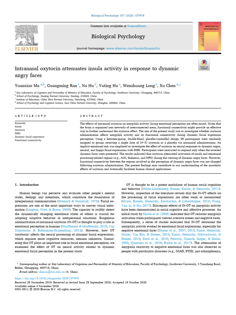 Intranasal Oxytocin Attenuates Insula Activity in Response To Dynamic ...
