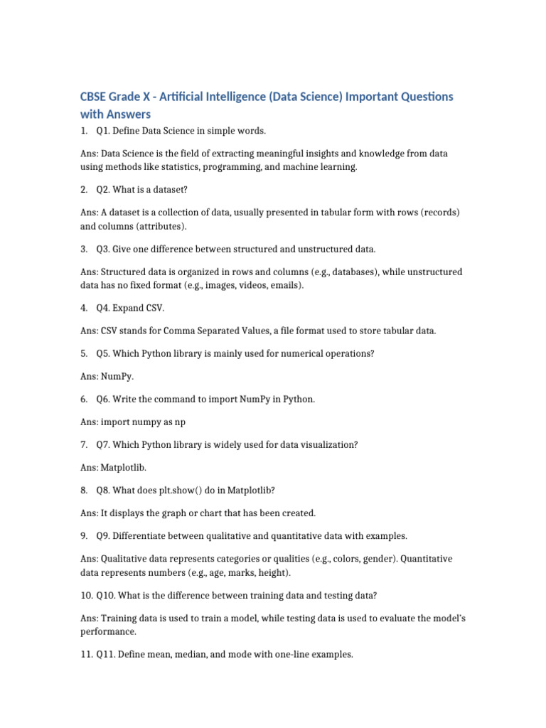 AI Important Questions for Grade X | PDF | Data | Comma Separated Values