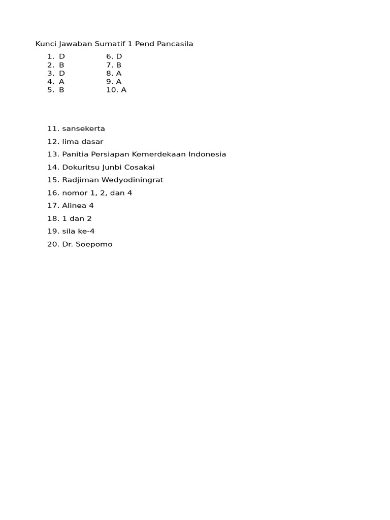 Kunci Jawaban Sumatif Pancasila 1 | PDF