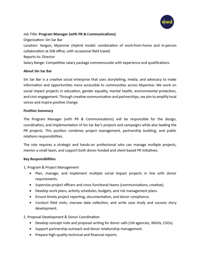 JD - Program Manager With PR Communications | PDF | Public Relations ...
