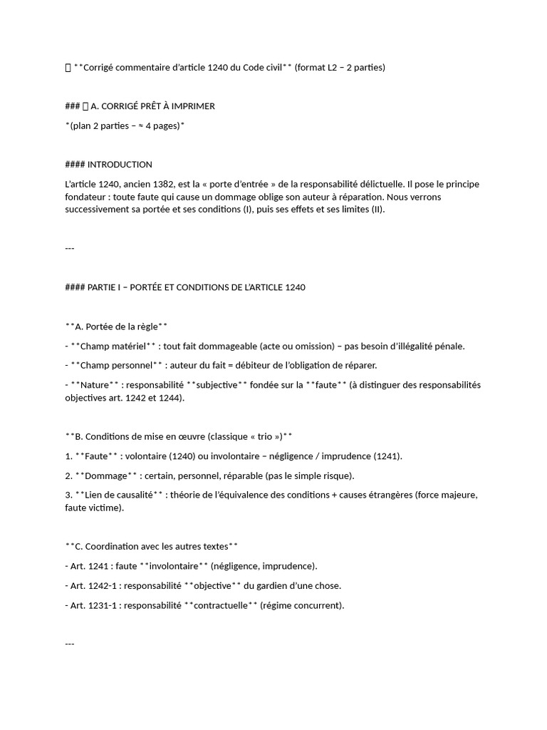 Corrigé de l'article 1240 du Code civil | PDF | Contrat en droit ...