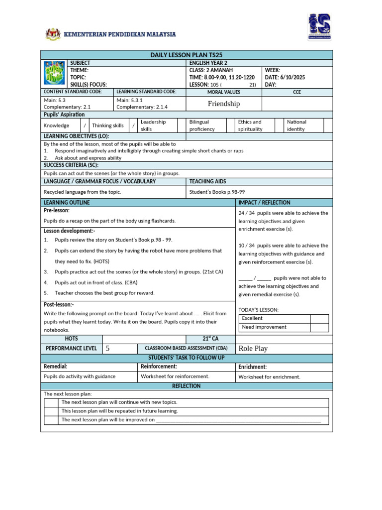 Bi Y2 LP Ts25 (Unit 8 LP 88-125) | PDF | Lesson Plan | Teachers