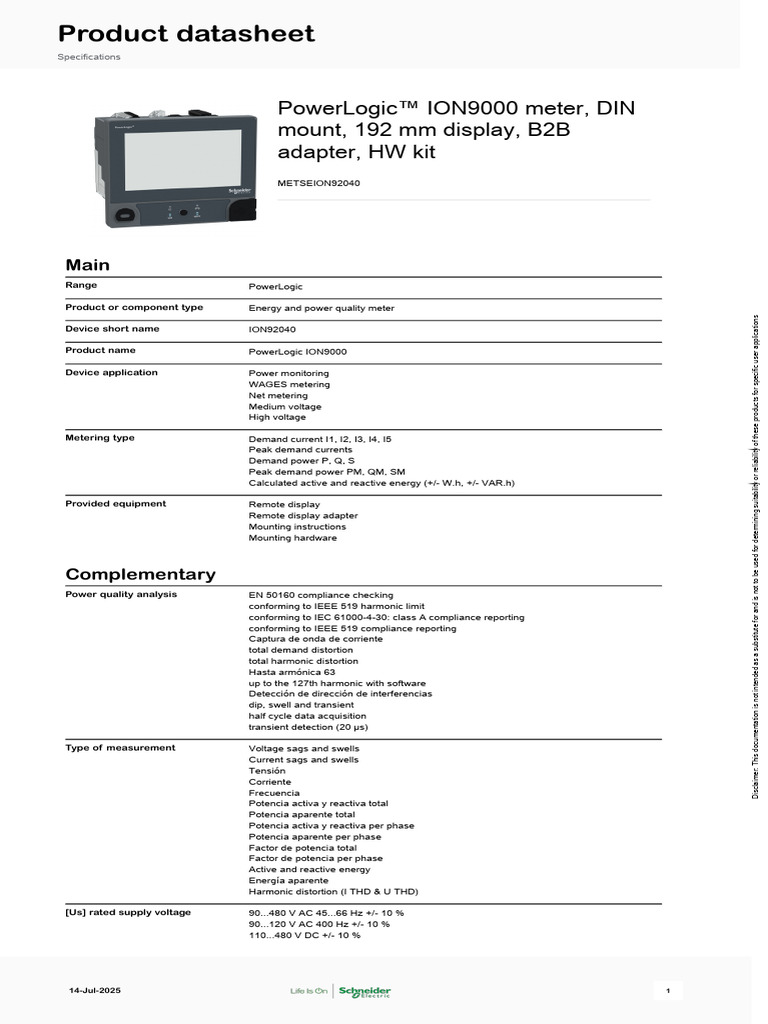 PowerLogic ION9000 Energy Meter Specs | PDF | Electromagnetic ...