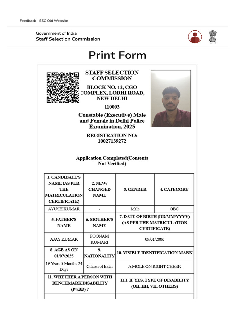 SSC Delhi Police Constable Application Form | PDF