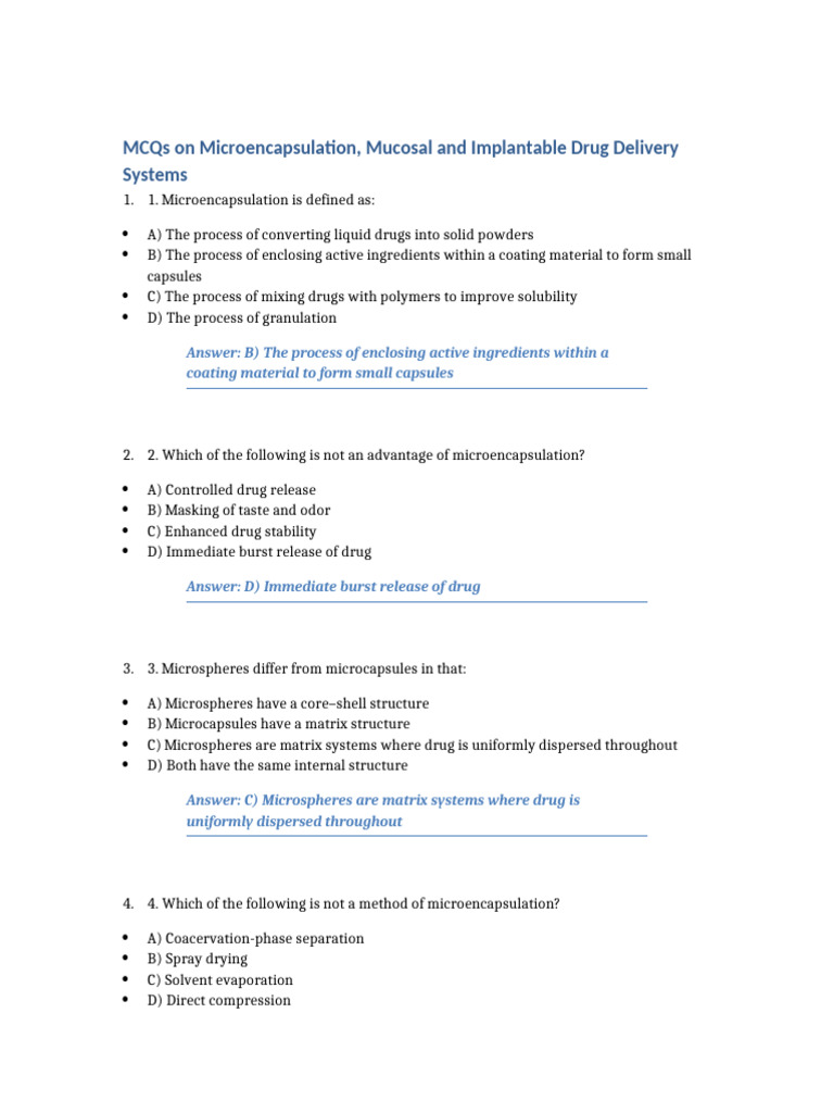 MCQs Microencapsulation Mucosal Implantable Systems | PDF | Physical ...