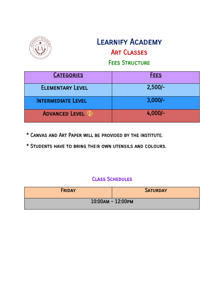 Learnify Academy Art Class Fees & Schedule | PDF